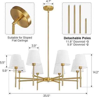 RUIYEY Dining Room Chandeliers Light - 8-Light Gold Modern Chandelier with Fabric Shade, Height Adjustable Mid Century Ceiling Lighting Fixture for Bedroom Kitchen Entryway Foyer