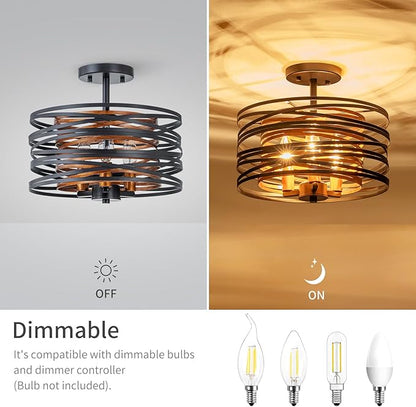 LumFurn D13 inch Farmhouse Ceiling Light, 3-Light Rustic Design Semi-Flushmount Close to Ceiling Light Fixture, for Living Room, Foyer, Bedroom, D12.6 x H11 in, Matte Black & Wood Texture Finish
