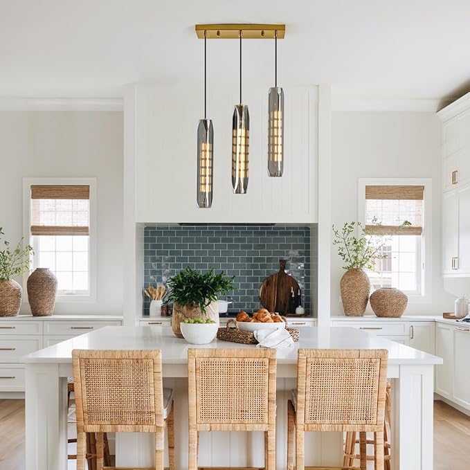 3-Light Linear Pendant Light for Kitchen Island, Modern Brass Ceiling Hanging Lamp with Smoked Glass Shades, Adjustable Height Island Lighting for Dining Room, Bar, Living Room