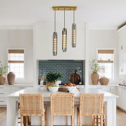 3-Light Linear Pendant Light for Kitchen Island, Modern Brass Ceiling Hanging Lamp with Smoked Glass Shades, Adjustable Height Island Lighting for Dining Room, Bar, Living Room