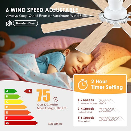 Mpayel Ceiling Fans with Lights, 52 Inch Low Profile Flush Mount Ceiling Fan, Modern White Ceiling Fan with Light for Bedroom Living Room, Remote/APP Control, Quiet DC Motor, Dimmable, 8 Wood Blades