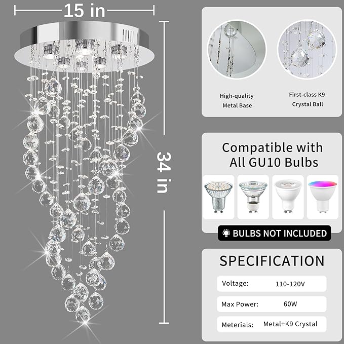 Modern Luxury 6-Lights Spiral Raindrop Crystal Chandeliers for Dining Room, K9 Crystal Ball Flush Mount Ceiling Light Fixture for Living Room, Bedroom, Bathroom, Hallway, Staircase of CRYSTOP