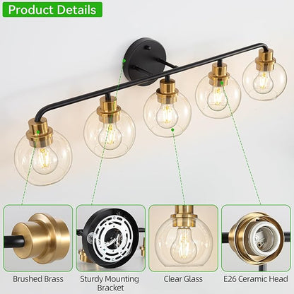 5 Light Bathroom Vanity Light, Black and Gold Bathroom Light Fixtures with Clear Glass Shade Modern Wall Sconces Lighting Bath Wall Lights Lamp for Mirror Kitchen Living Room Bedroom Hallway Cabinet