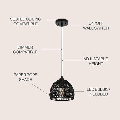 JONATHAN Y 8.25" Black Modern Bohemian Woven Rope LED Pendant Light Fixture, Adjustable Dome Ceiling Lamp for Kitchen Island, Rope Shade, Coastal Farmhouse Decor (JYL6512B)