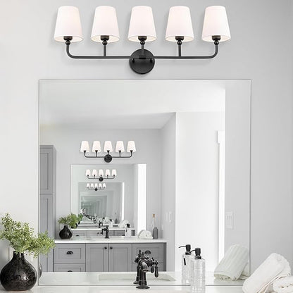 Bathroom Light Fixtures, 5 Light Matte Black Vanity Lights with Flared White Fabric Shade, 35 Inch Wall Sconce, Modern Sconces Wall Lighting for Hallway Bedroom, VL837-MB-5