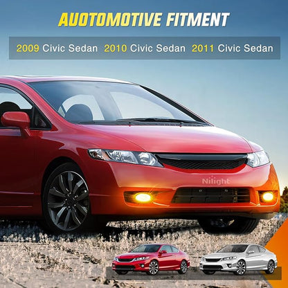 Nilight Fog Light Assembly Compatible with Honda Civic Sedan 2009 2010 2011 4 Door with Amber Lens Lamps Replacement H11 12V 55W Bulbs