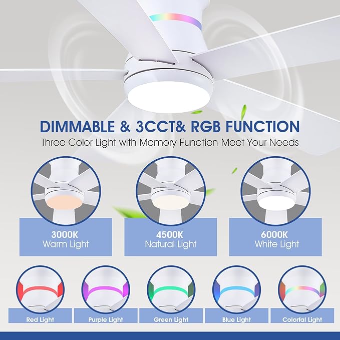Surtime 52" White Ceiling Fans with RGB Lights - Flush Mount Ceiling Fan Light with LED 3CCT Dimmable, Modern Low Profile Ceiling Fans for Indoor Party,Covered Outdoor