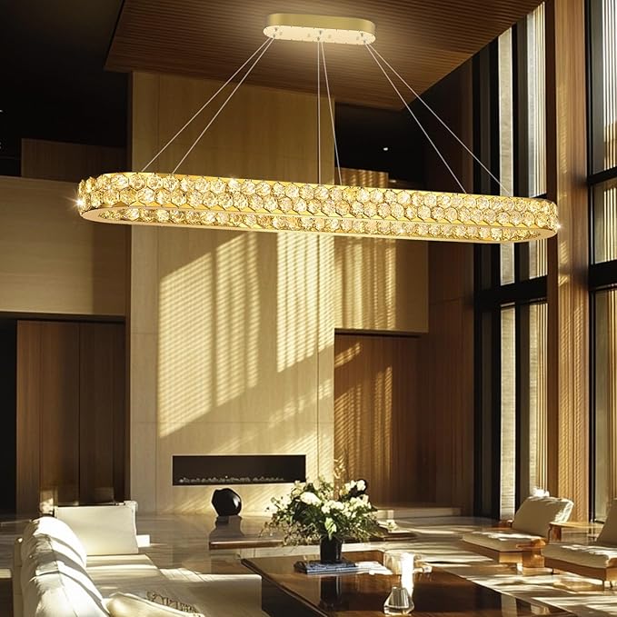 59'' Modern Oval Chandelier Crystal Chandeliers for Dining Room Round Ceiling Light Fixture for Living Room Lighting LED Dimmable with Remote Ring Lights Gold