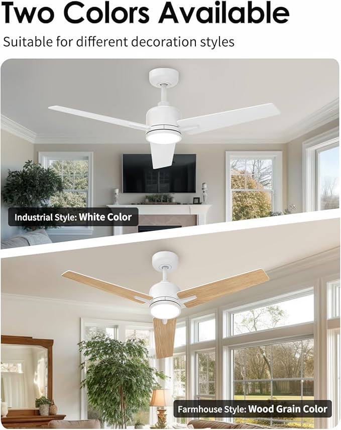 Newday 52 Inch White Ceiling Fan with Lights and Remote, Modern DC Motor Ceiling Fan with 3 Reversible White/Natural Wood Blades, 3CCT Dimmable LED, 6 Speeds, Quiet Fan for Nursery, Bedroom, Patio