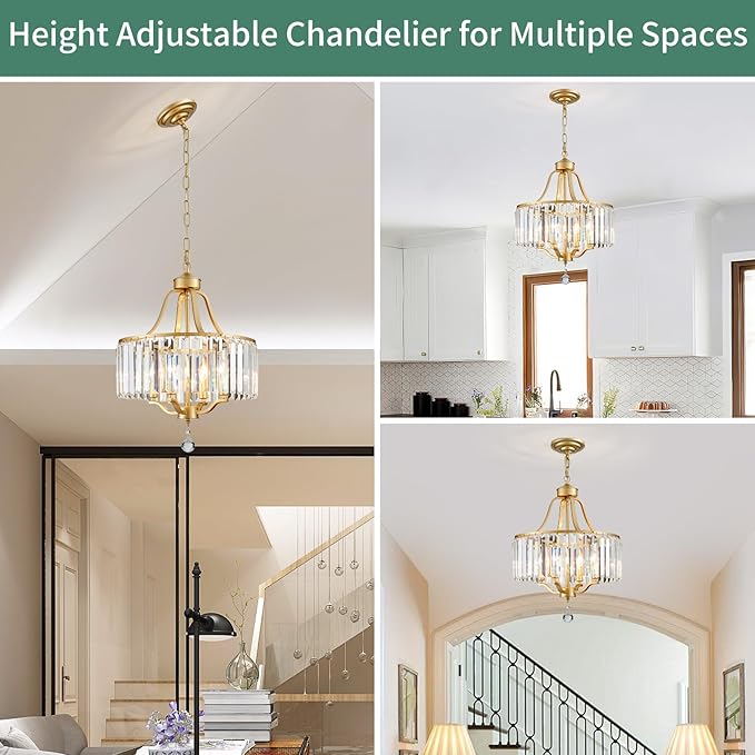 Crystal Chandelier - Rustic Gold Pendant Light - 15.7 Inch Diameter Height Adjustable Modern Ceiling Light - Ideal for Dining Rooms, Kitchens, Living Rooms