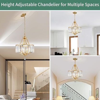 Crystal Chandelier - Rustic Gold Pendant Light - 15.7 Inch Diameter Height Adjustable Modern Ceiling Light - Ideal for Dining Rooms, Kitchens, Living Rooms
