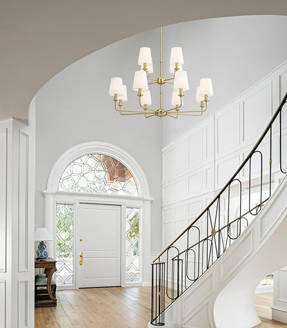 12-Light Brushed Gold Chandelier, E12 Bulb Compatible, White Fabric Shades, Adjustable Rod, Farmhouse & Industrial Style Ceiling Light for Living Room Dining Room Bedroom