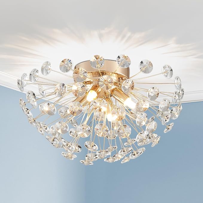 AGV LIGHTING Modern Crystal Flush Mount Ceiling Light Fixture, Dandelion Sputnik Semi Flush Mount Ceiling Light, 12" 4-Light with G9 Base Gold Ceiling Light Fixture
