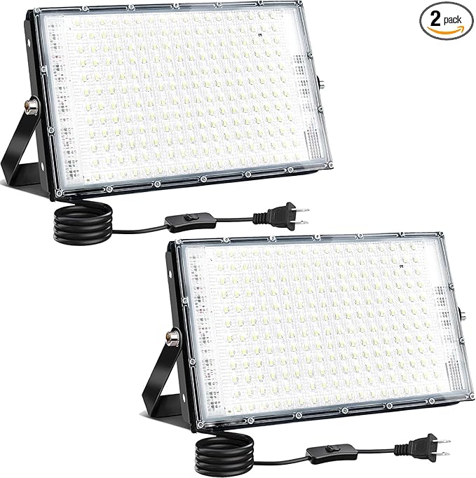 LED Flood Lights Outdoor, 2 Pack 150W 15000LM Bright Exterior Floodlight, IP65 Waterproof LED Work Lights, 6500K Daylight White, Plug in Flood Light Outdoor for Yard, Garden, Lawn, Backyard