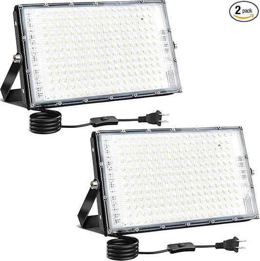 LED Flood Lights Outdoor, 2 Pack 150W 15000LM Bright Exterior Floodlight, IP65 Waterproof LED Work Lights, 6500K Daylight White, Plug in Flood Light Outdoor for Yard, Garden, Lawn, Backyard