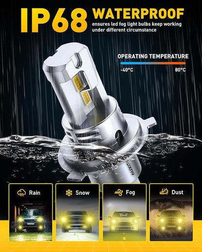 AUXITO H4 LED Bulbs Yellow Light 900% Ultra-Bright, 3000K Golden Yellow, Plug N Play, 50000Hrs Long Lifespan, No Flicker, 99% Compatibility, Pack of 2