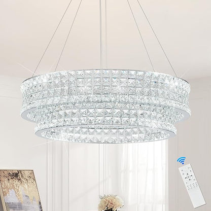 24’’ Crystal LED Chandelier 2-Tier with Remote Control Dimmable 3000-6500K Contemporary Luxury Chandeliers Modern Chrome Light Fixture for Dining Living Room Kitchen Island Foyer Entryway