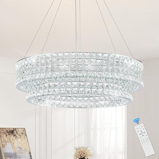 24’’ Crystal LED Chandelier 2-Tier with Remote Control Dimmable 3000-6500K Contemporary Luxury Chandeliers Modern Chrome Light Fixture for Dining Living Room Kitchen Island Foyer Entryway