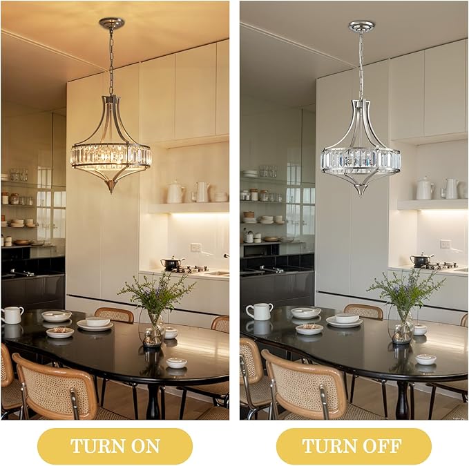 Brushed Nickel Crystal Chandeliers for Dining Room, Modern Round Light Fixture for Kitchen Hallway Bedroom Foyer Living Room, 4 Lights Farmhouse Adjustable Height Hanging Light, 16 Inch