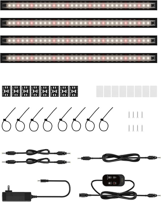 Smart Grow Light for Indoor Plants,3500K Full Spectrum LED Plant Light Strips with 3/9/12H Auto Timer,Stepless Dimming,Modular Design，Plug and Play (Black, 4 Pack)