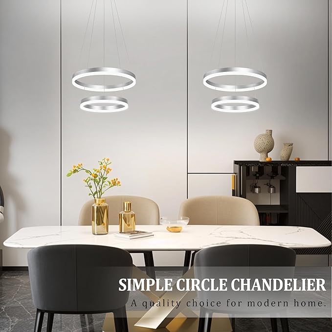 Modern Nickel Led Chandelier 2 Rings Dimmable LED Chandeliers with Remote Control Light Fixture for Kitchen Island Height Adjustable Chandelier Led Pendant Light for Living Room Dining Room