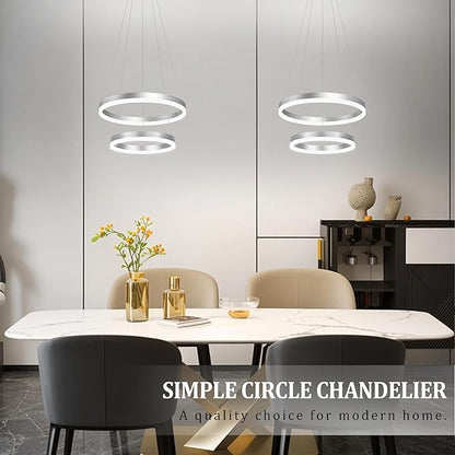 Modern Nickel Led Chandelier 2 Rings Dimmable LED Chandeliers with Remote Control Light Fixture for Kitchen Island Height Adjustable Chandelier Led Pendant Light for Living Room Dining Room