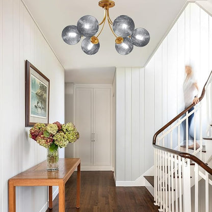 Gold Flush Mount Light 6-Light Glass Chandelier with Smoky Gray Globe Shade Mid Century Farmhouse Antique Gold Close to Ceiling Light for Entryway Hallway Foyer