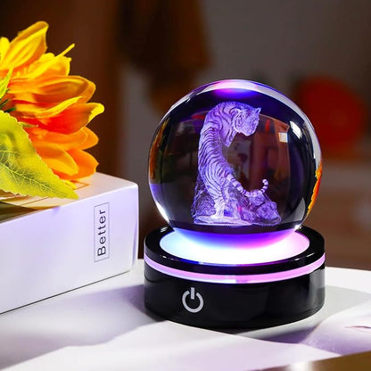 YWHL 3D Tiger Figurine Crystal Ball with Colorful Light Base, Tiger Gifts for Women Men, 3D Laser Engraved Full Sphere Glass Decorative Ball for Home Office (80mm)