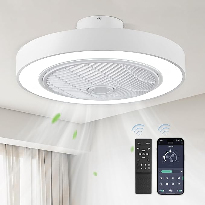 LEDIARY 22in Enclosed Ceiling Fan with Light and Remote, White Modern Bladeless Ceiling Fan with Bright Light, Led Flush Mount Ceiling Fans for Bedroom, Living Room, Kid Room(6 Speeds, 3000-6000K)
