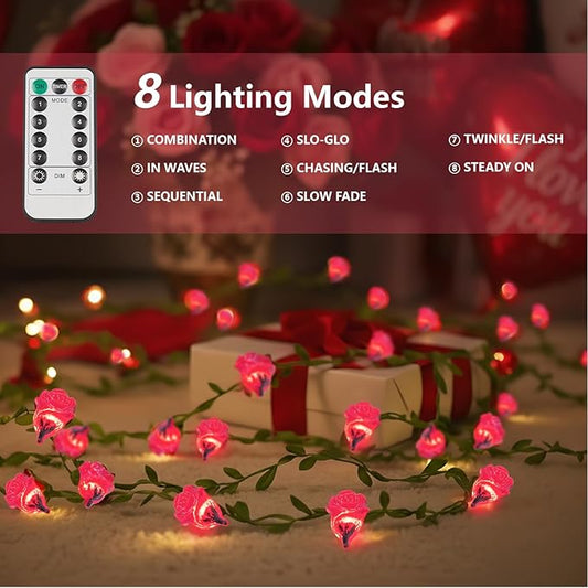suddus 40 LED Fairy Lights Battery Powered, 12.5ft Pink Rose Flower String Lights with Remote, Valentine Lights for Wedding,Party,Bedroom,Porch,Table,Stairs,Dorm Decor