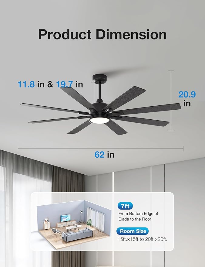warmiplanet Ceiling Fans with Lights and Remote Control, 62-Inch, Reversible Silent DC Motor, 6 Speeds, 3 Color Dimmable LED Light, Timer, Black, 9-Blades