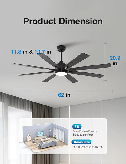 warmiplanet Ceiling Fans with Lights and Remote Control, 62-Inch, Reversible Silent DC Motor, 6 Speeds, 3 Color Dimmable LED Light, Timer, Black, 9-Blades