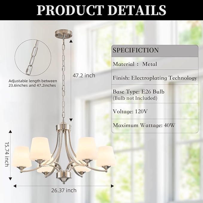 6-Light Brushed Nickel Chandeliers for Dining Room with Frosted Glass Farmhouse Silver Ceiling Hanging Lighting Fixtures Classic Pendant Lamp for Living Room,Dining Table,47.2 Height Adjustable