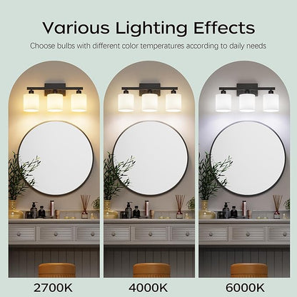 PARTPHONER Bathroom Light Fixtures, Bathroom Lighting Fixtures Over Mirror, Interior Classic Vanity Lights, Modern Vanity Light with Textured White Glass Shade, Matte Black, 3-Light