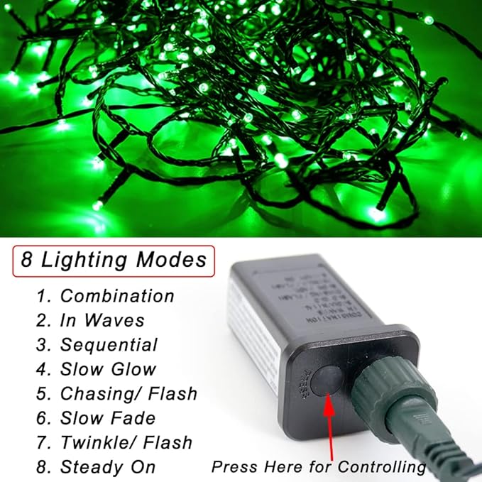 Pooqla Green String Lights, 200 LED 66 ft Indoor Outdoor String Lights St. Patrick's Day Decorations, 8 Modes Twinkle Fairy Light Plug in for Yard Patio Wedding Party Decoration, Green Wire