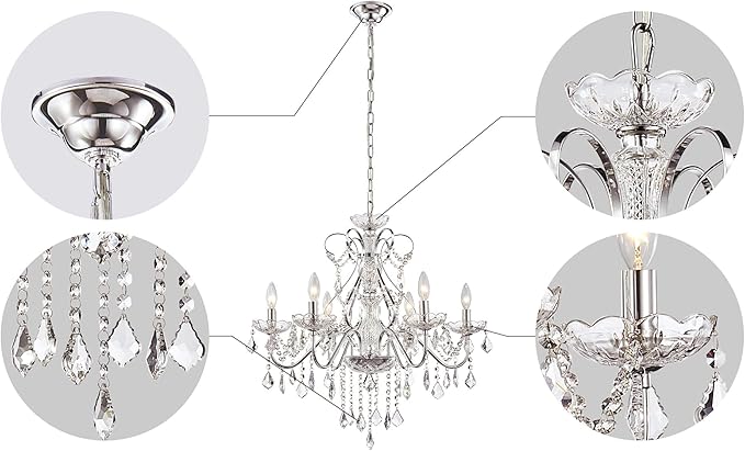 Saint Mossi 6 Light Crystal Chandelier Light Fixture Modern Chandelier Pendant Lighting, Chrome Pendant Raindrop Chandelier for Dining Room,Bedroom,Living Room,H23 x D24