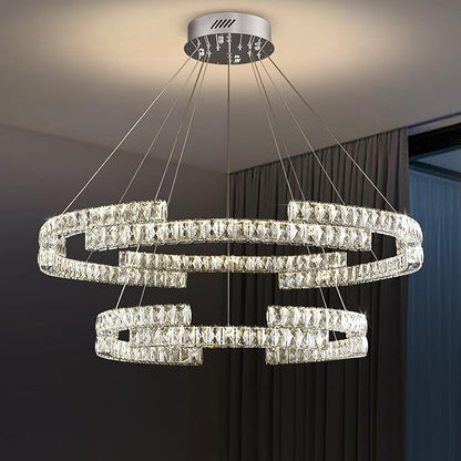 D32''+D20'' Modern 2 Ring Crystal Chandelier for Living Room Dining Room Ring Pendant Light Foyer Entrance Chandeliers LED Dimmable 3000-6000K