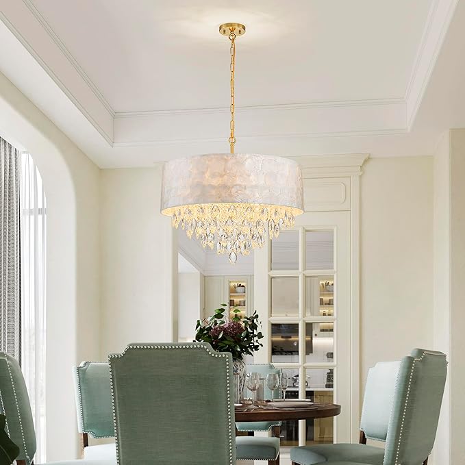 X-Large 6-Light Drum Capiz Shell K9 Crystal Chandelier, Coastal Style Pendant Light Fixture for Dining Room, Living Room, D24 * H24~70 Inch (Adjustable), Clear Crystal & Brass Finish