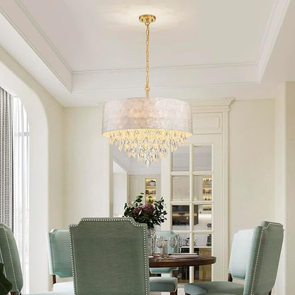 X-Large 6-Light Drum Capiz Shell K9 Crystal Chandelier, Coastal Style Pendant Light Fixture for Dining Room, Living Room, D24 * H24~70 Inch (Adjustable), Clear Crystal & Brass Finish