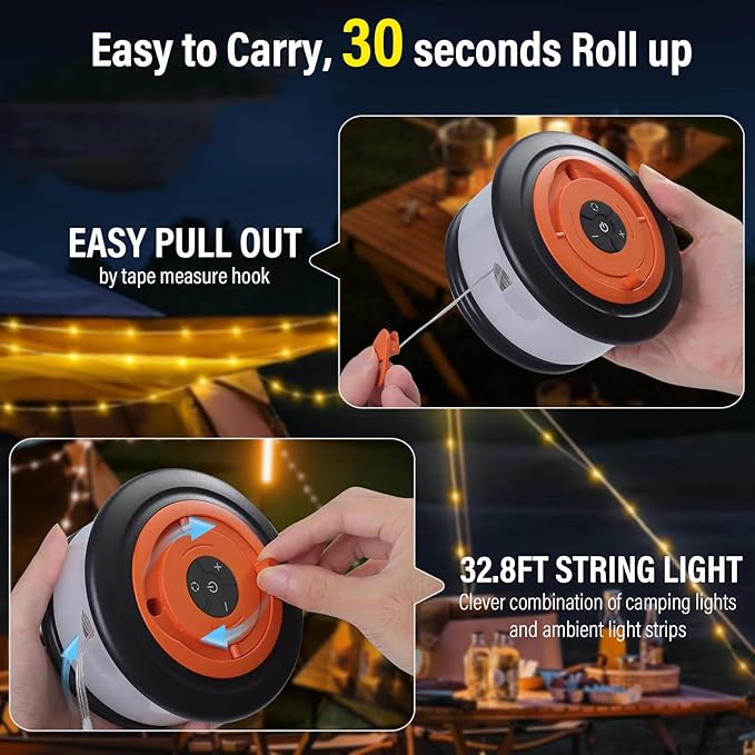 Camping String Lights, 4 in 1 Retractable String Lights, Quick 30s Recovery, 32.8ft Rechargeable LED Fairy Lights for Outside, 32.8ft Portable Tent Lights for Tent Patio Awning Garden RV Decoration