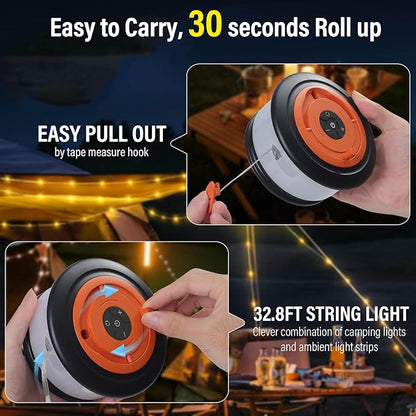 Camping String Lights, 4 in 1 Retractable String Lights, Quick 30s Recovery, 32.8ft Rechargeable LED Fairy Lights for Outside, 32.8ft Portable Tent Lights for Tent Patio Awning Garden RV Decoration