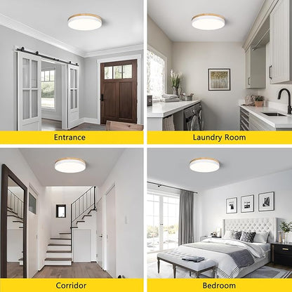 Modern Wood White Flush Mount Ceiling Light, 15.74" Round LED Low Profile Close to Ceiling Fixture for Kitchen Bedroom Bathroom Laundry Hallway Entryway Closet Living Room