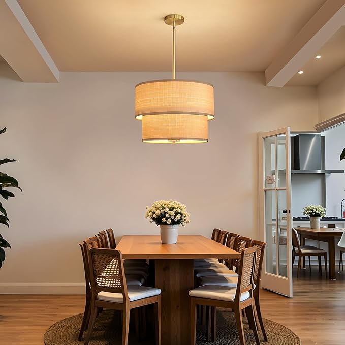 RUIYEY Rattan Chandelier Light Fixtures: 17 inch Boho Pendant Lights with Wicker Lampshade, E12 5 Lights Height Adjustable Hand Woven Hanging Drum Chandeliers for Dining Room Kitchen Living Room