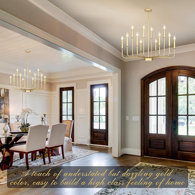 Gold Chandeliers for Dining Room Light Fixture Over Table, Modern Farmhouse Chandeliers for Living Room,12-Lights Candle Lighting Fixtures for Entryway Kitchen Island Foyer