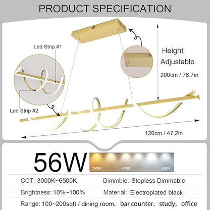 Modern LED Pendant Light Spiral Adjustable Hanging Lamp Gold 47.2 Inch DIY Kitchen Island Lighting 3-Color LED Dining Room Light Fixture with Soft Silicone Lamp Strip