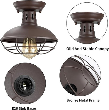 FRIDEKO HOME 2 Pack Farmhouse Flush Mount Ceiling Light Industrial Ceiling Light Fixture Rustic Copper Metal Cage Flush Mount Ceiling Light E26 Base for Hallway Foyer Kitchen Porch