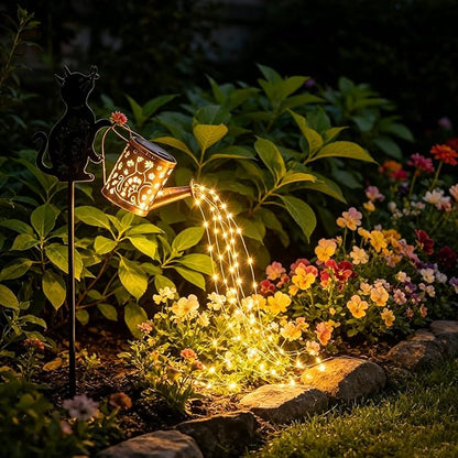 Outdoor Solar Cat Garden Decorative, 2 Pcs Solar Watering Can with Light, Featuring Metal Cat Silhouette Stake, Day Gift for Women, Waterproof, for Landscape, Lawn, Garden Path Decor