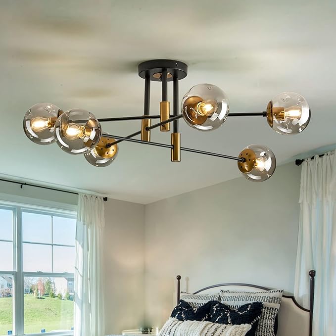 SZXYKEJI6-Lights Glass Globe Sputnik Chandelier Modern Flush Mount Ceiling Light Fixture Farmhouse Lighting for Dining Room Living Room Bedroom Kitchen Passageway(Balck and Gold)