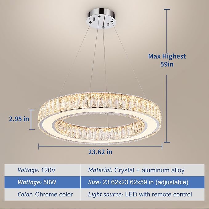 Depuley Modern LED Crystal Chandeliers: 23.6" Ring Chandelier Hanging Crystal Ceiling Light Fixture - 50W Adjustable Height Pendant Light for Living Room Dining Room Bedroom Foyer