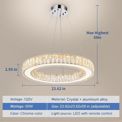 Depuley Modern LED Crystal Chandeliers: 23.6" Ring Chandelier Hanging Crystal Ceiling Light Fixture - 50W Adjustable Height Pendant Light for Living Room Dining Room Bedroom Foyer
